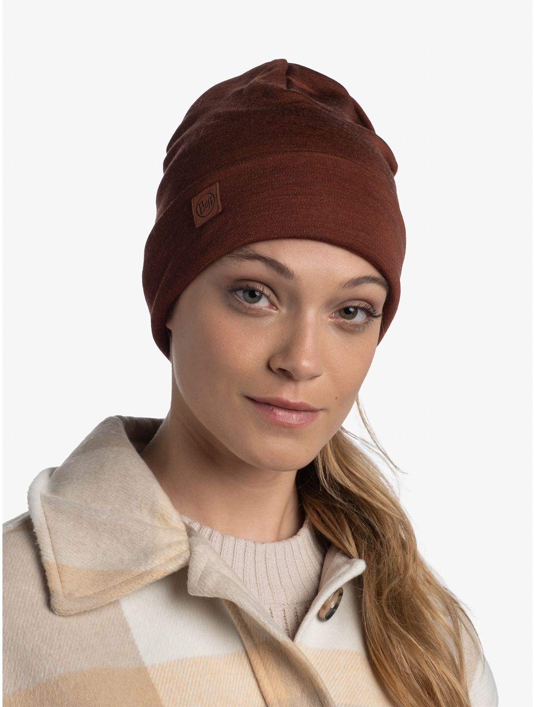 Buff, Merino Heavyweight Beanie muts unisex Solid Sienna bruin 