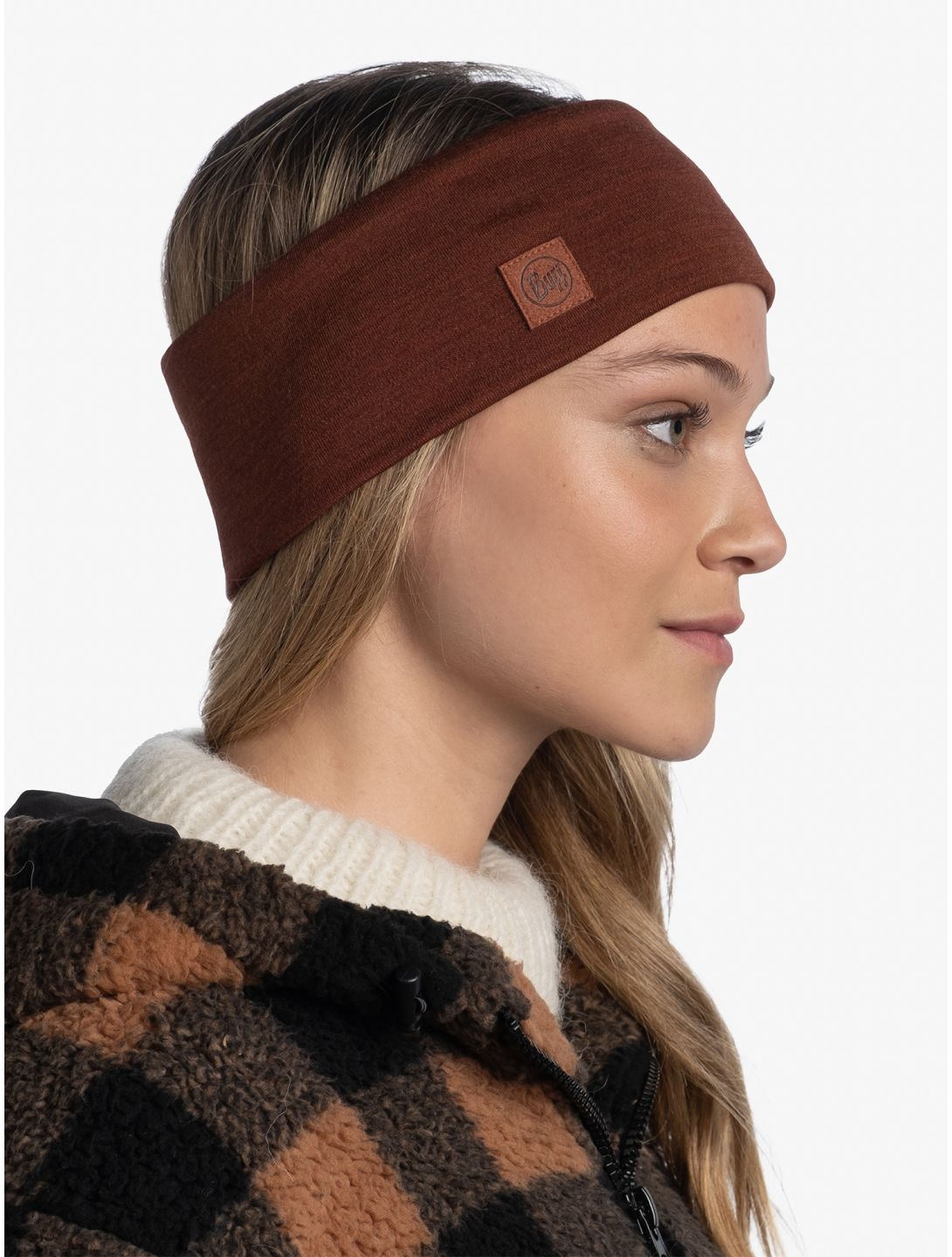 Buff, Merino Wide Headband hoofdband unisex Solid Sienna bruin 