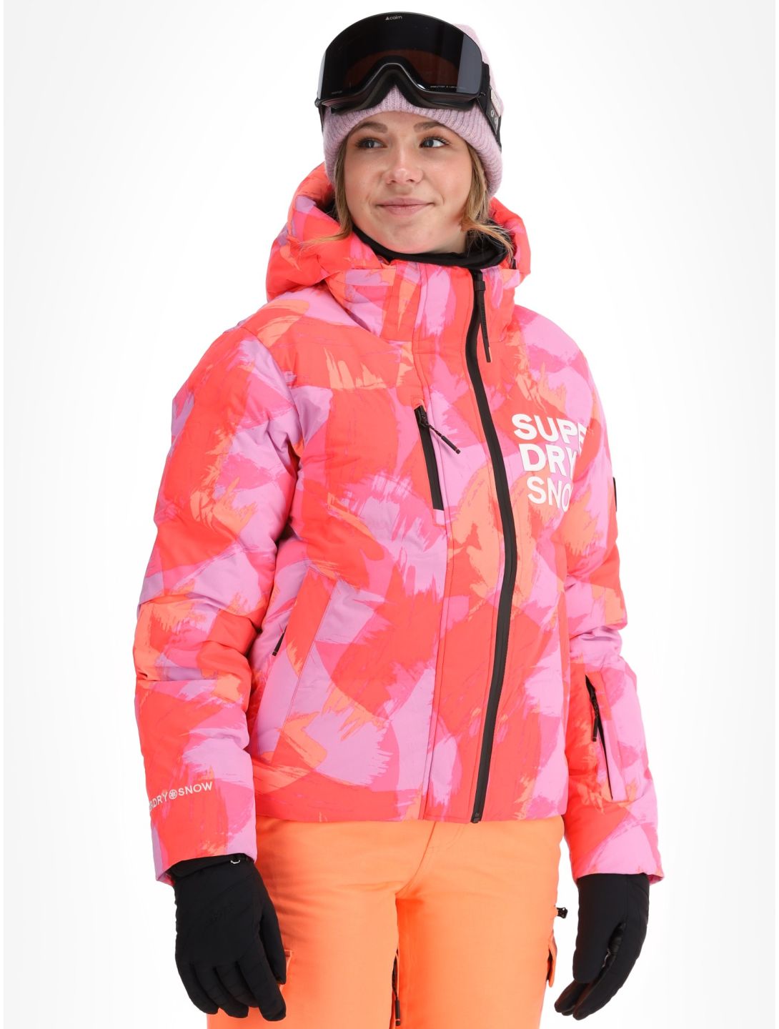 Superdry, Hooded Ski Boxy Puffer AA Jas gevoerd dames Brush Camo Coral Roze 