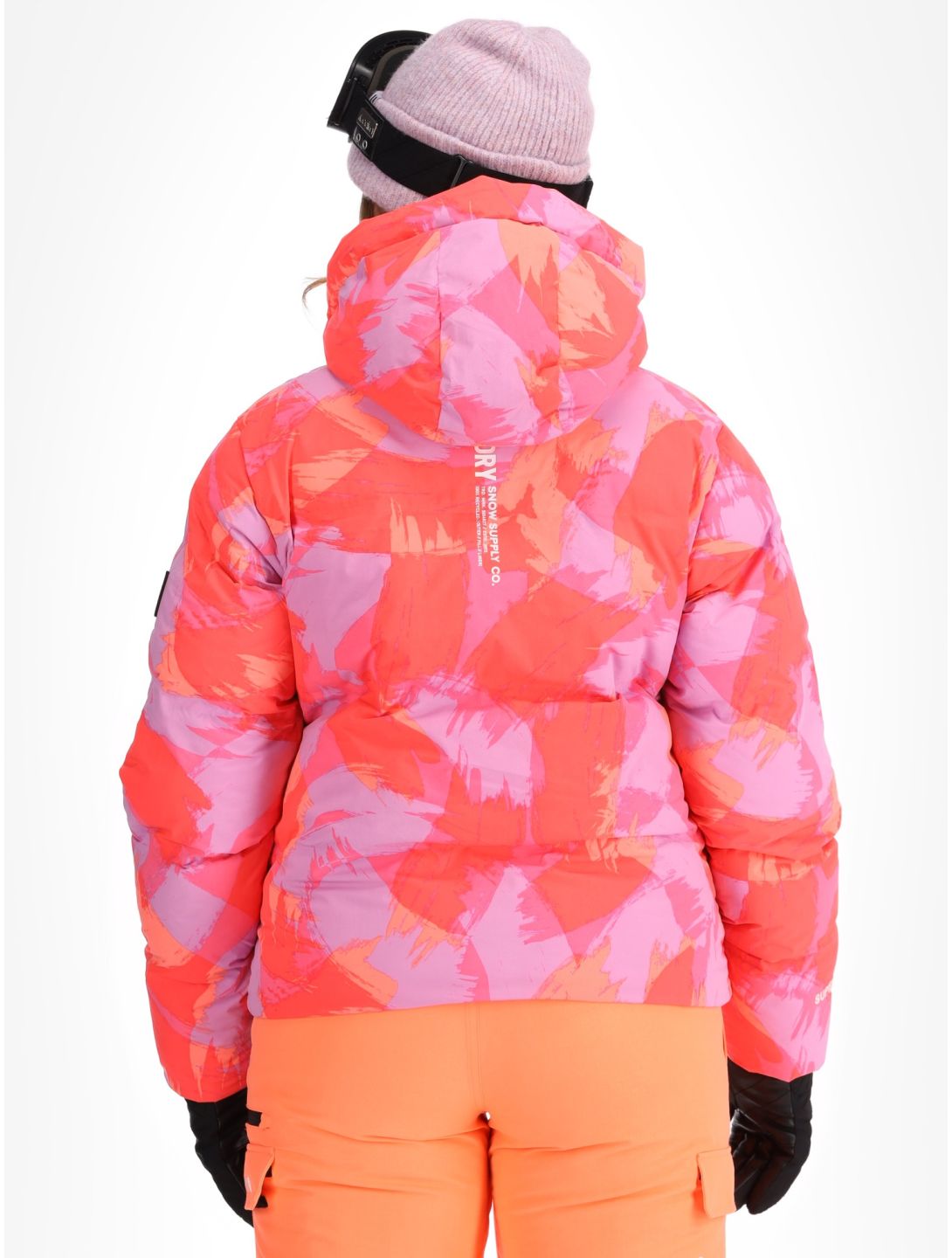 Superdry, Hooded Ski Boxy Puffer AA Jas gevoerd dames Brush Camo Coral Roze 