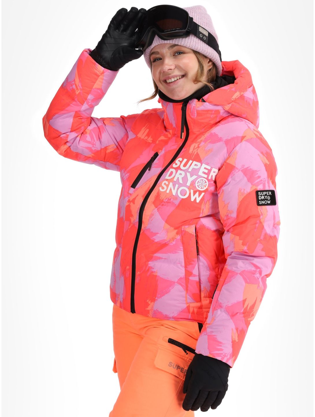 Superdry, Hooded Ski Boxy Puffer AA Jas gevoerd dames Brush Camo Coral Roze 