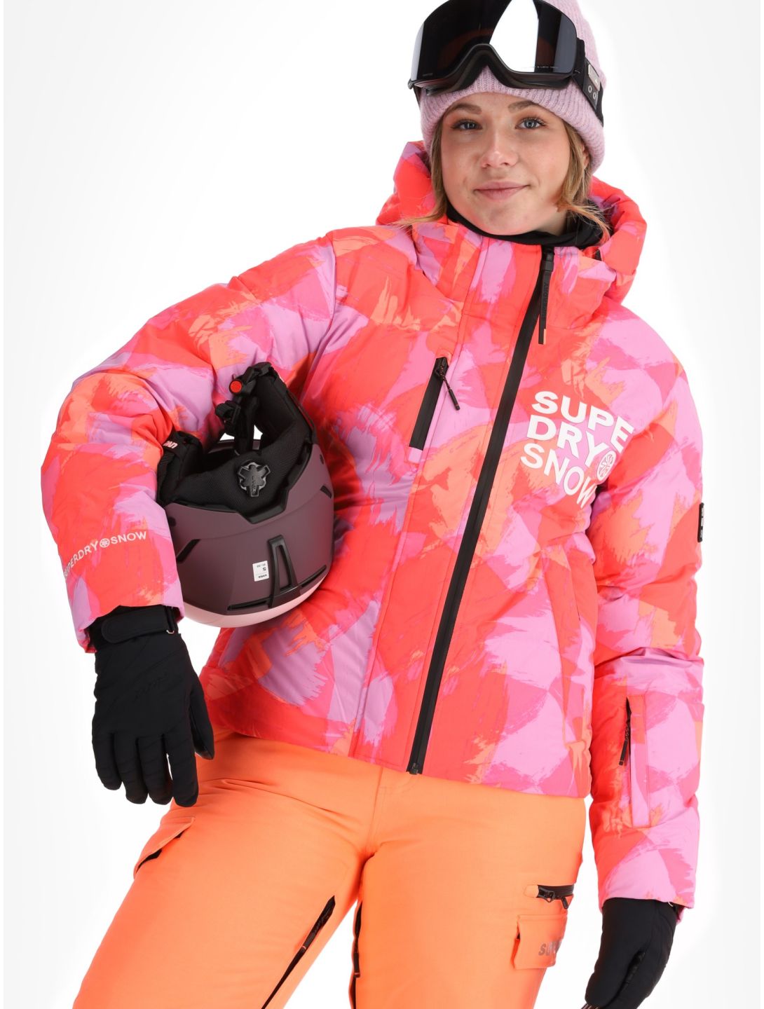 Superdry, Hooded Ski Boxy Puffer AA Jas gevoerd dames Brush Camo Coral Roze 