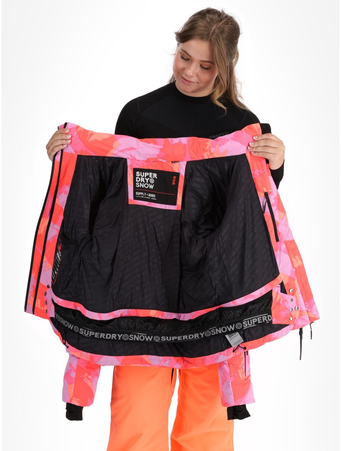 Superdry, Hooded Ski Boxy Puffer AA Jas gevoerd dames Brush Camo Coral Roze 