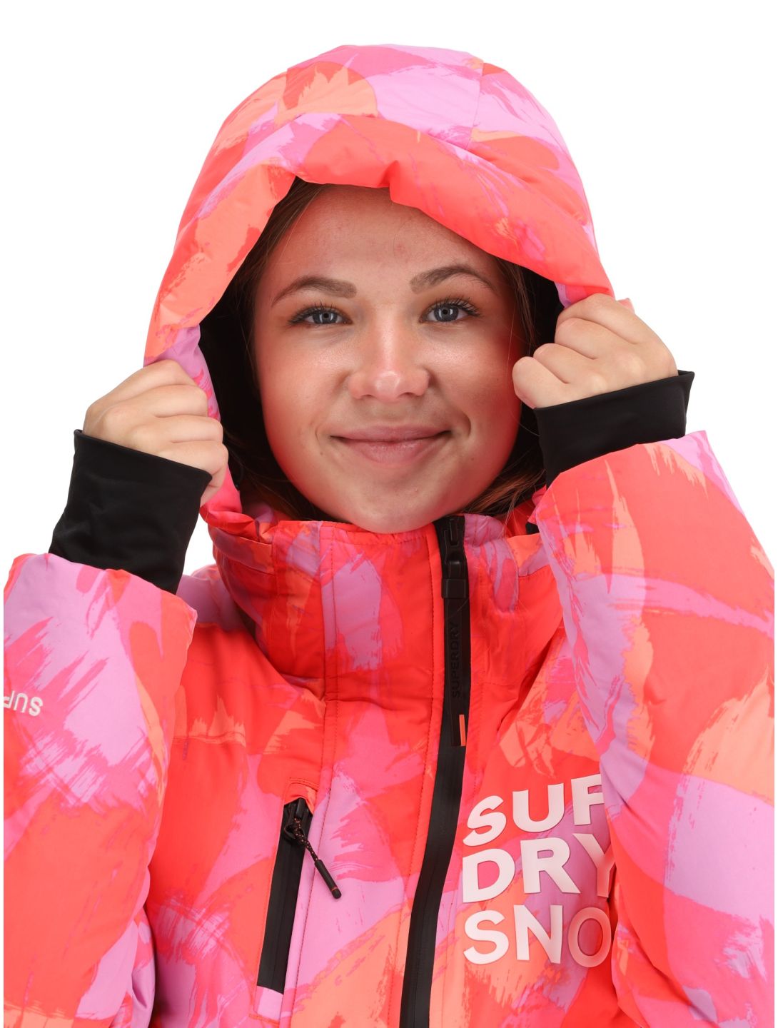 Superdry, Hooded Ski Boxy Puffer AA Jas gevoerd dames Brush Camo Coral Roze 