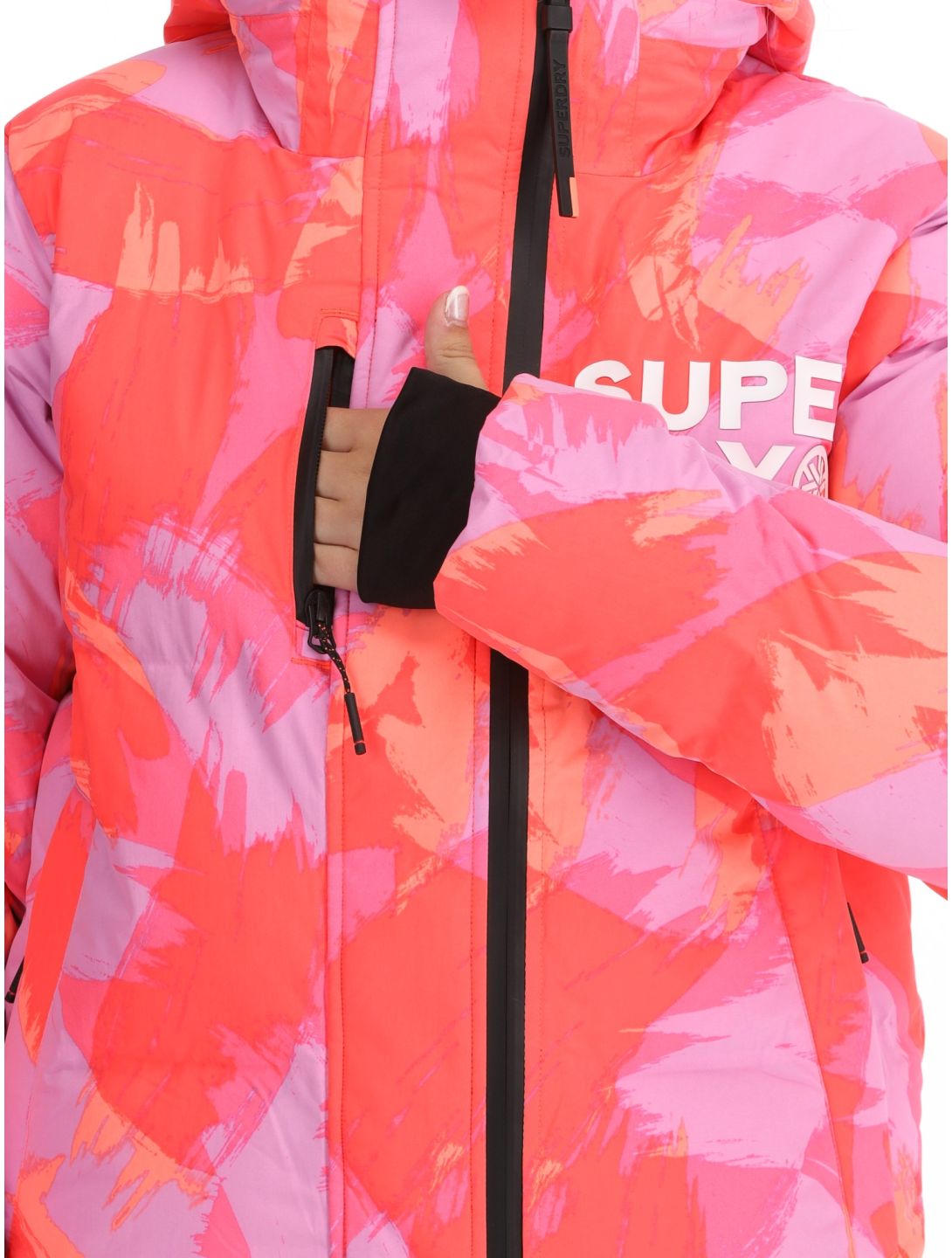 Superdry, Hooded Ski Boxy Puffer AA Jas gevoerd dames Brush Camo Coral Roze 