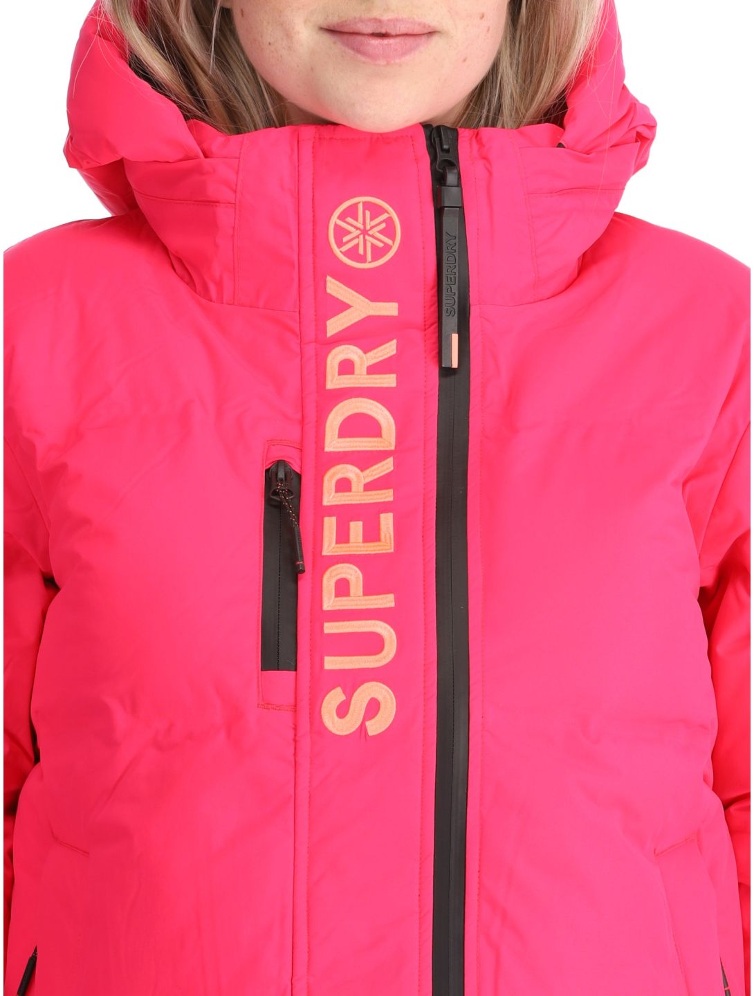 Superdry, Hooded Ski Boxy Puffer AA Jas gevoerd dames Hyper Fire Pink Roze 