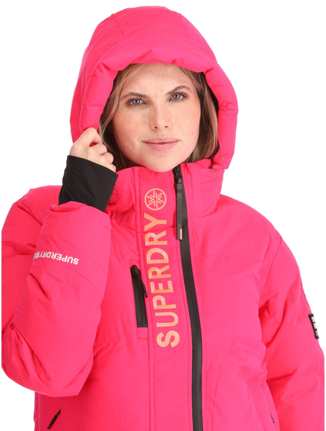 Superdry, Hooded Ski Boxy Puffer AA Jas gevoerd dames Hyper Fire Pink Roze 