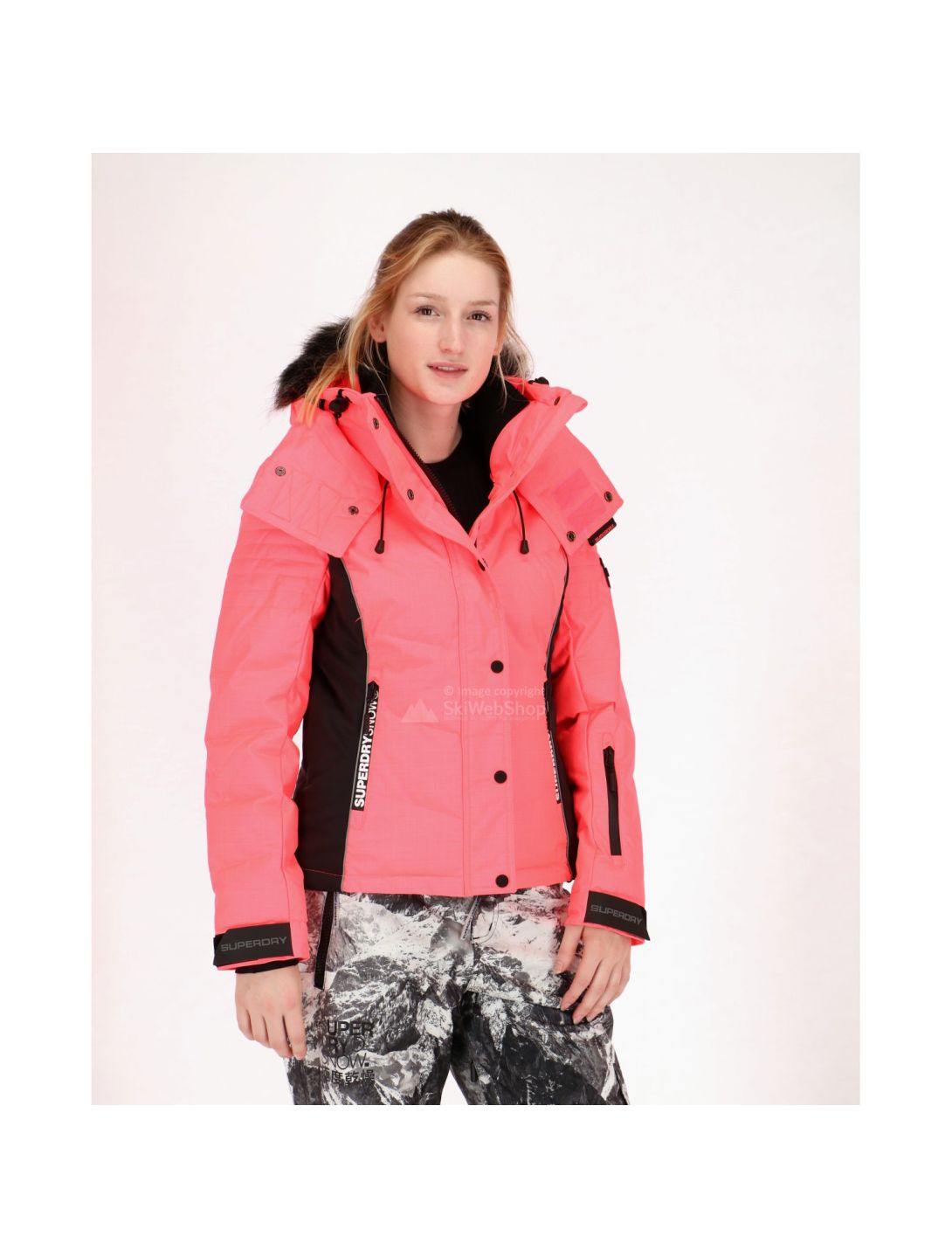 Superdry, Snow Puffer ski-jas, dames, fluro koraal/zwart 