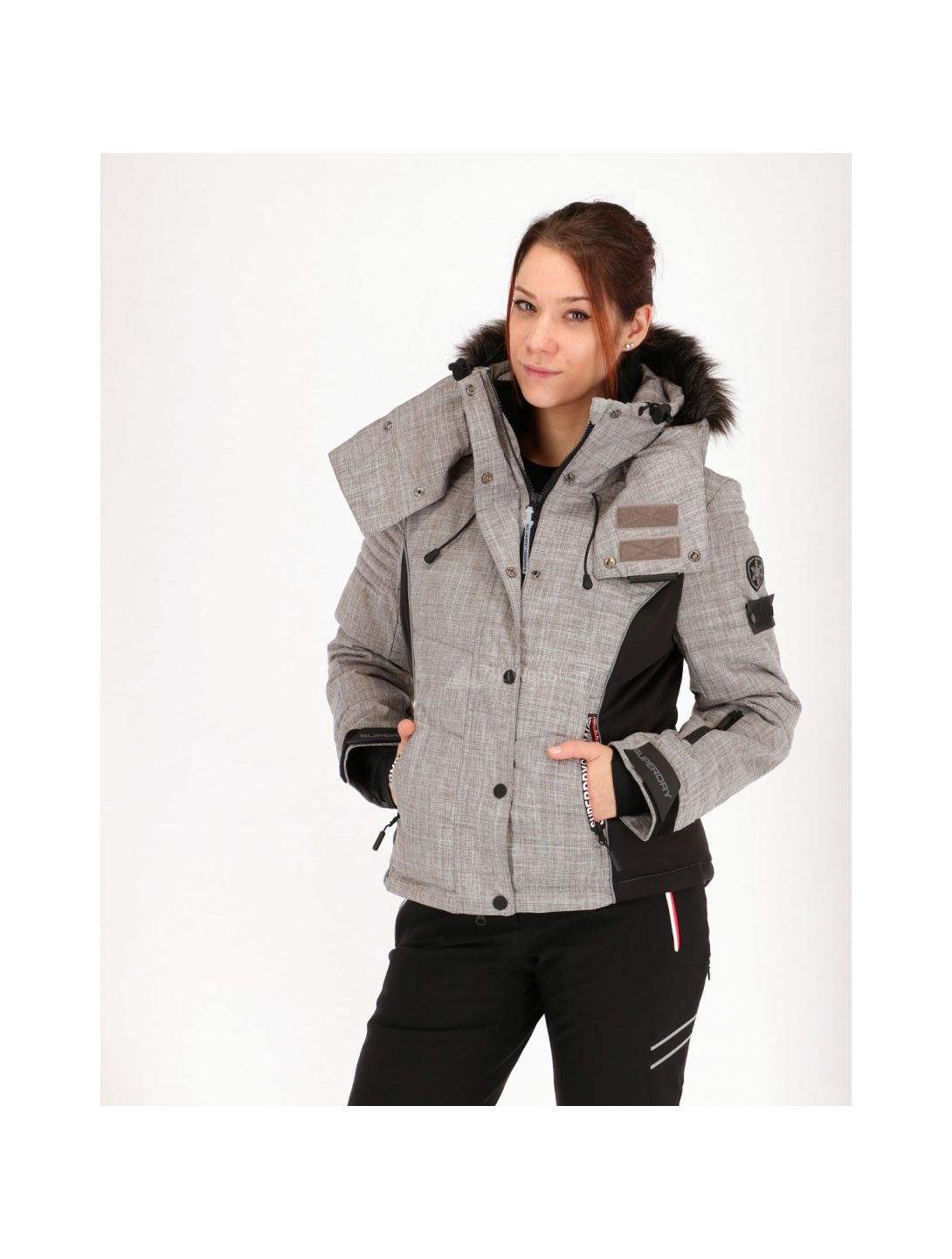 Superdry, Snow Puffer ski-jas, dames, licht grijs grit/ fluro koraal 